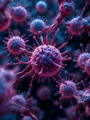 Fototapeta premium Molecular structure of cancer cells under microscope, realistic macro body panorama.