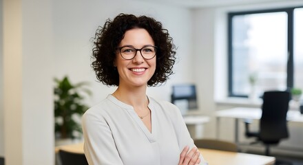 Smiling businesswoman with curly hair and glasses in modern office.