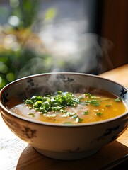 Steaming hot soup is served in an exquisite porcelain bowl, with soft sunlight casting down