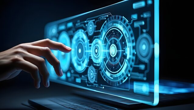 Automation concept with hand activating abstract rotating digital gears, no text, isolated on blue tech background