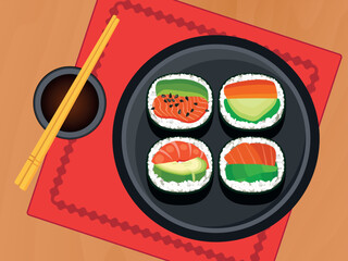 Sushi rolls on a plate top view vector illustration. Sushi and soy sauce on a wooden table above view vector. Sushi and chopsticks on the table drawing