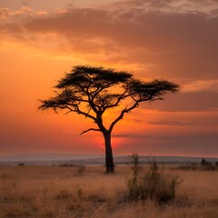 Serengeti Sunset Silhouette: A lone acacia tree stands silhouetted against a fiery sunset, painting the African savannah with hues of orange and gold. This breathtaking image captures the wild beauty.