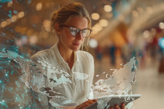 Woman in Eyeglasses Using Tablet with Digital World Map Overlays in a Modern Airport Environment