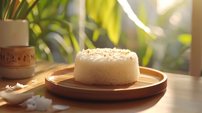 The glutinous rice cake has a soft and chewy outer layer with a sweet filling, sprinkled with coconut flakes