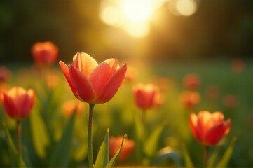 Fototapeta premium A serene field of flowers with the sun setting behind, ideal for nature and landscape-themed designs
