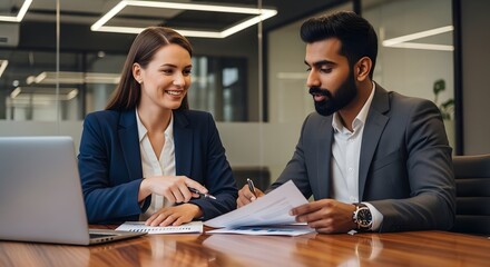 Two professionals collaborate in a modern office, immersed in a discussion centered around a document on a wooden table. A laptop sits nearby, symbolizing the modern workspace.