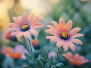 In the garden, blooming flowers with colorful petals gently sway in the breeze