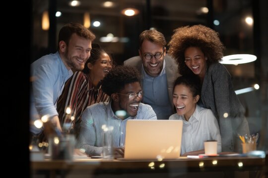 Team of diverse professionals collaborating and celebrating success while using a laptop in a modern office environment at night