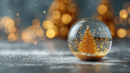Snow globe featuring a beautifully decorated Christmas tree with warm lights, surrounded by festive decorations and gifts, creating a cozy holiday atmosphere in a charming setting