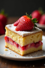 Freshly baked cake with a ripe strawberry perched on top, perfect for a sweet treat or dessert display