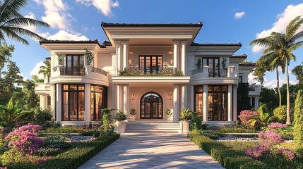 Fototapeta premium An opulent cream-colored estate stands majestically against a backdrop of lush greenery and a clear blue sky, epitomizing luxury living.