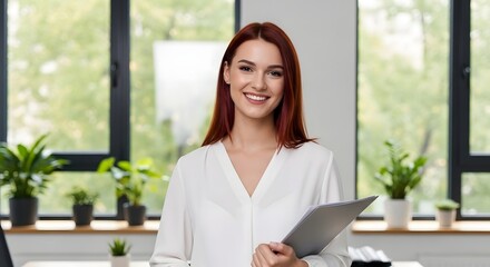A confident businesswoman stands radiant, her poised presence enhanced by a background of flourishing indoor plants, the natural light setting the tone for success.