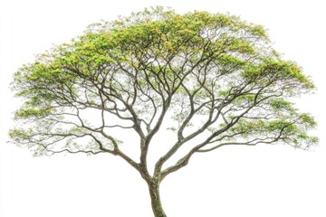 Naklejka premium Lush, green tree with a broad, spreading canopy and intricate branching structure isolated on a white background