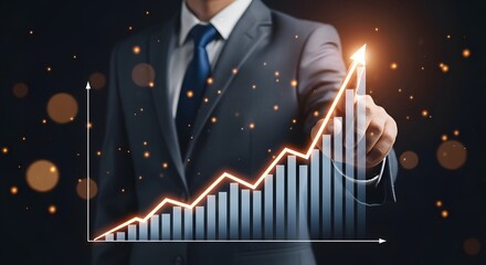 A sharply dressed business person uses the upward trending chart as a metaphor for growth and success, presenting a visual representation of financial and professional achievement.
