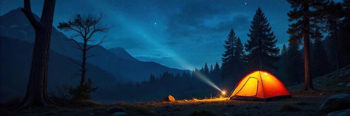 A lone flashlight beam cuts through the dark night at a campsite, illuminating trees and a tent Perfect for illustrating camping adventures and outdoor gear , stargazing, peace