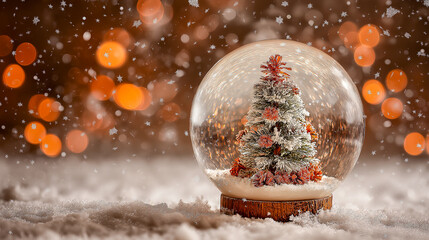 Snow globe featuring a beautifully decorated Christmas tree with warm lights, surrounded by festive decorations and gifts, creating a cozy holiday atmosphere in a charming setting
