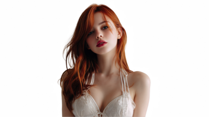 Studio shot of a captivating fashion model with flowing red hair, wearing a stylish white outfit, presenting a striking pose against a transparent background, ideal for fashion and beauty projects