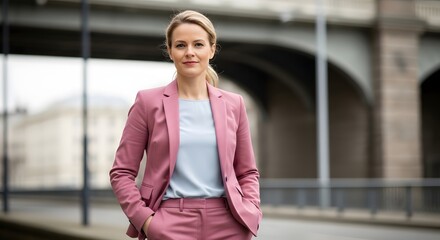 A confident woman in a stylish pink suit stands with poised elegance in a modern urban setting, capturing a moment of professional grace.