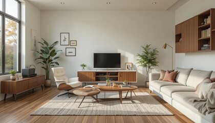 Fototapeta premium Serene living space featuring a modern design, natural light, wooden accents, and comfortable seating in a minimalist, inviting home interior.