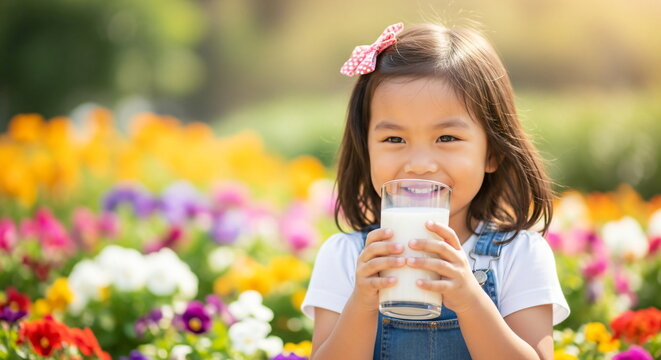 Little asian girl holding glass of milk on summer meadow. Happy child drinking healthy drink for growth.