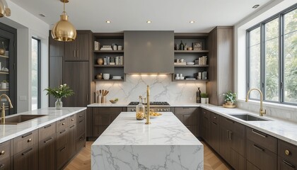 A beautifully appointed kitchen with dark wood cabinetry, marble countertops, and gold accents creates a warm and inviting atmosphere.