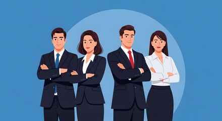 A determined business team in formal suits stands ready to tackle any challenge, projecting confidence and professionalism.