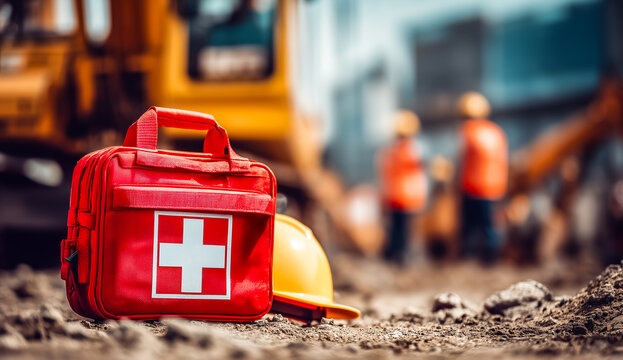 On-site emergency care concept with red cross bag and safety gear, construction safety protocol visualization