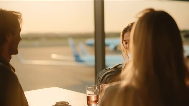Friends Laughing and Sharing Drinks at Airport Caf&eacute; Before Travel