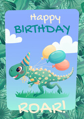 Happy children's birthday greeting card with a running dinosaur and balloons. The concept of a birthday party, celebration, congratulations, invitations. Vector illustration.