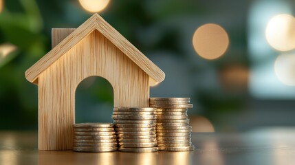 Wooden house miniature with stacks of golden coins beside it