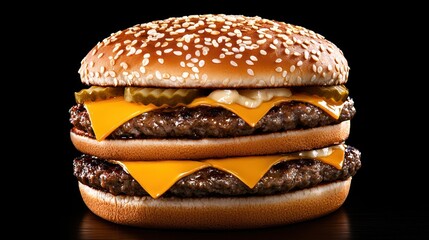 Double cheeseburger with sesame seed bun on a black background