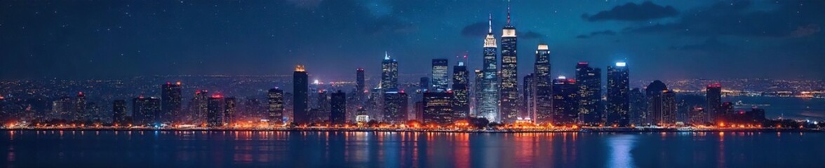 Obraz premium Dazzling city skyline at night, twinkling stars reflecting in skyscraper windows, vibrant nightlife energy , night view, glitter