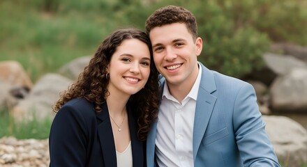 A radiant portrait of a smiling couple, showcasing their genuine affection and happiness as they share a heartwarming moment together. 