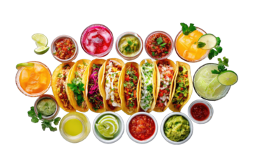Colorful array of tacos, salsas, and drinks