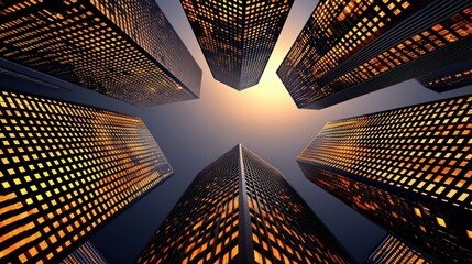 Worms eye view of skyscrapers with illuminated windows at night