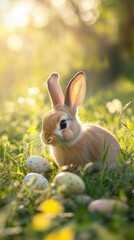 Playful Easter bunny hiding vibrant eggs in a sunlit meadow surrounded by blooming grass and cheerful spring vibes, capturing the joy and magic of seasonal celebration