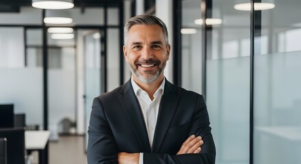 Confident businessman with arms crossed, smiling, in modern office.