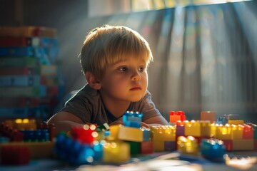 In a room filled with soft sunlight, a young boy is intently building with blocks