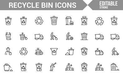 Collection of Trash, Garbage, and Recycling Bin Icons for Sustainable Practices
