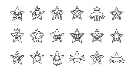 Star icon set with crown hands shopping cart and ribbon outline style
