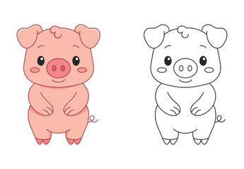 Obraz premium Cute pig coloring page for kids. Fun and simple outline perfect for preschoolers, ideal for learning and creativity. Printable farm animal activity.