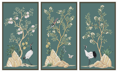 Vintage botanical garden tree, Chinese birds, crane, stork, stone, butterfly, plant floral panels. Exotic floral chinoiserie mural.