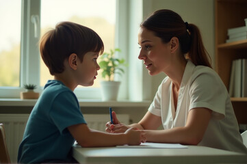 A mother sits with her child at a table, enjoying a meal together