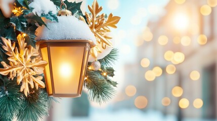 Snowy christmas lantern adorned with gold snowflakes and evergreen foliage