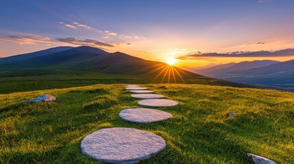 Stepping stone path leading to a vibrant mountain sunrise