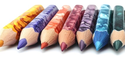 Close up of a row of seven colorful wooden pencils with different shades on a white surface background