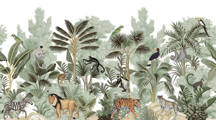 Tiger, lion, monkey, lemur, zebra, leopard, sloth animal, bird, parrot, tropical palm tree, banana leaves, plant floral seamless border white background. Exotic botanical jungle mural.