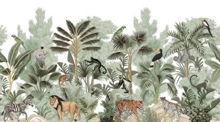Gordijnen Tiger, lion, monkey, lemur, zebra, leopard, sloth animal, bird, parrot, tropical palm tree, banana leaves, plant floral seamless border white background. Exotic botanical jungle mural. © good_mood