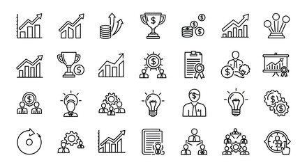 Business growth and finance line icons set for management and strategy
