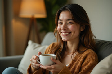 A person sits on a sofa with a coffee cup, great for home or office use